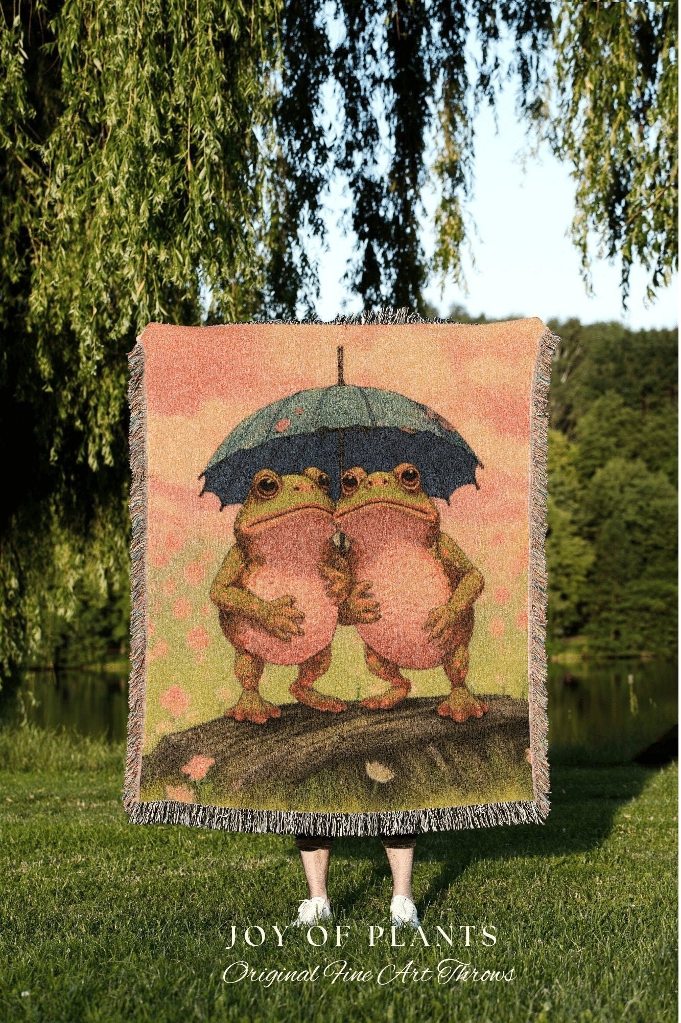 Umbrella Frog Friends Tapestry Blanket Cottagecore Decor | Funny Tapestry Woven Throw Vintage Frog and Toad Blanket Cute Toad Tapestry Funny