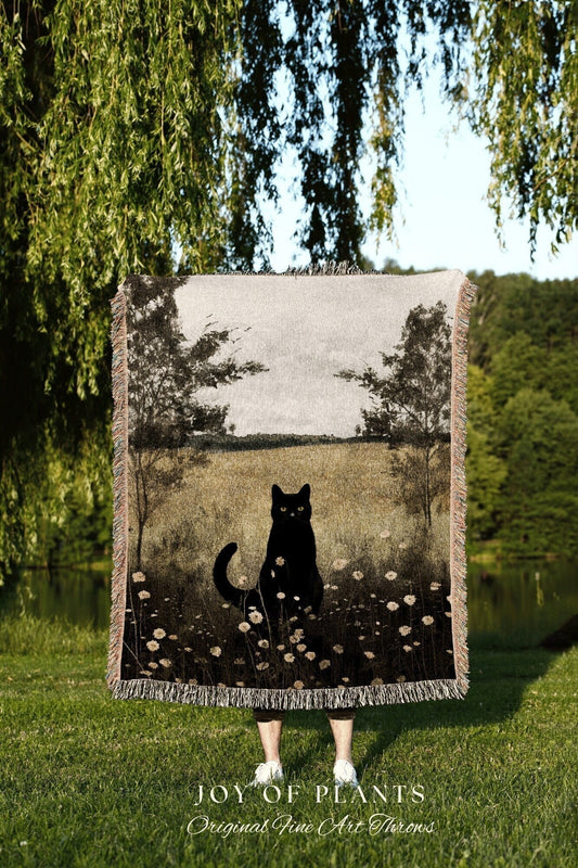 Cat Tapestry Woven Blanket Black Cat Painting Decor Tapestry Black Cat Woven Blanket | Spooky Halloween Cat Moody Landscape Wall Tapestry |