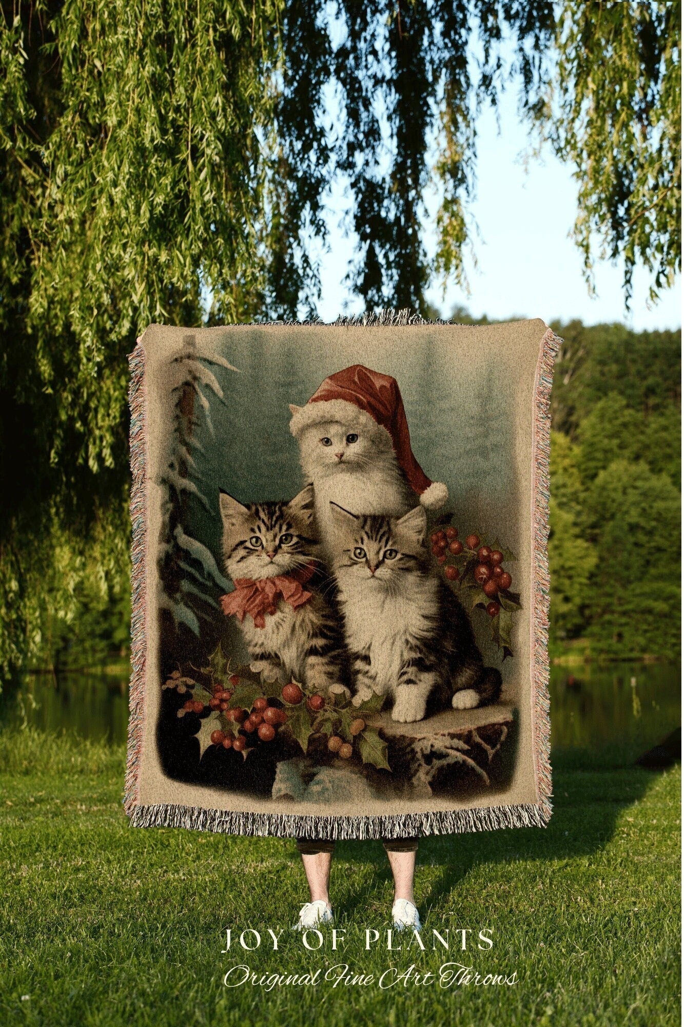 Christmas Cat Portrait Blanket | Woven Fringe Blanket Cat lover Gift Funny Tapestry Cat Family Christmas Portrait Cat Blanket Cute Kittens |