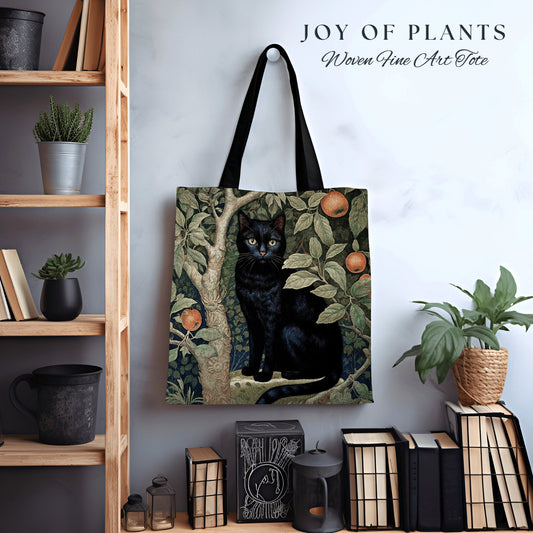 Dark Cottagecore Black Cat Gothic Tote Botanical Dark Academia William Morris Aesthetic Art Tote Bag Cat Lover Tapestry Bag Gift for Cat Mom