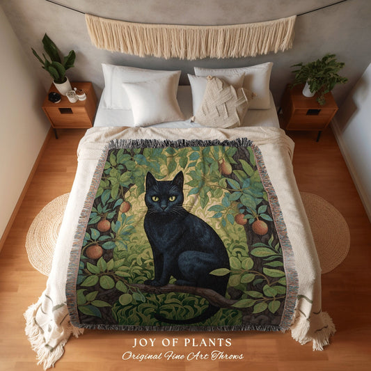 Maximalist Black Cat Throw Blanket | Cat Lover Blanket Gift Decor William Morris Inspired Bedroom Tapestry Woven Botanical Minky Cottagecore