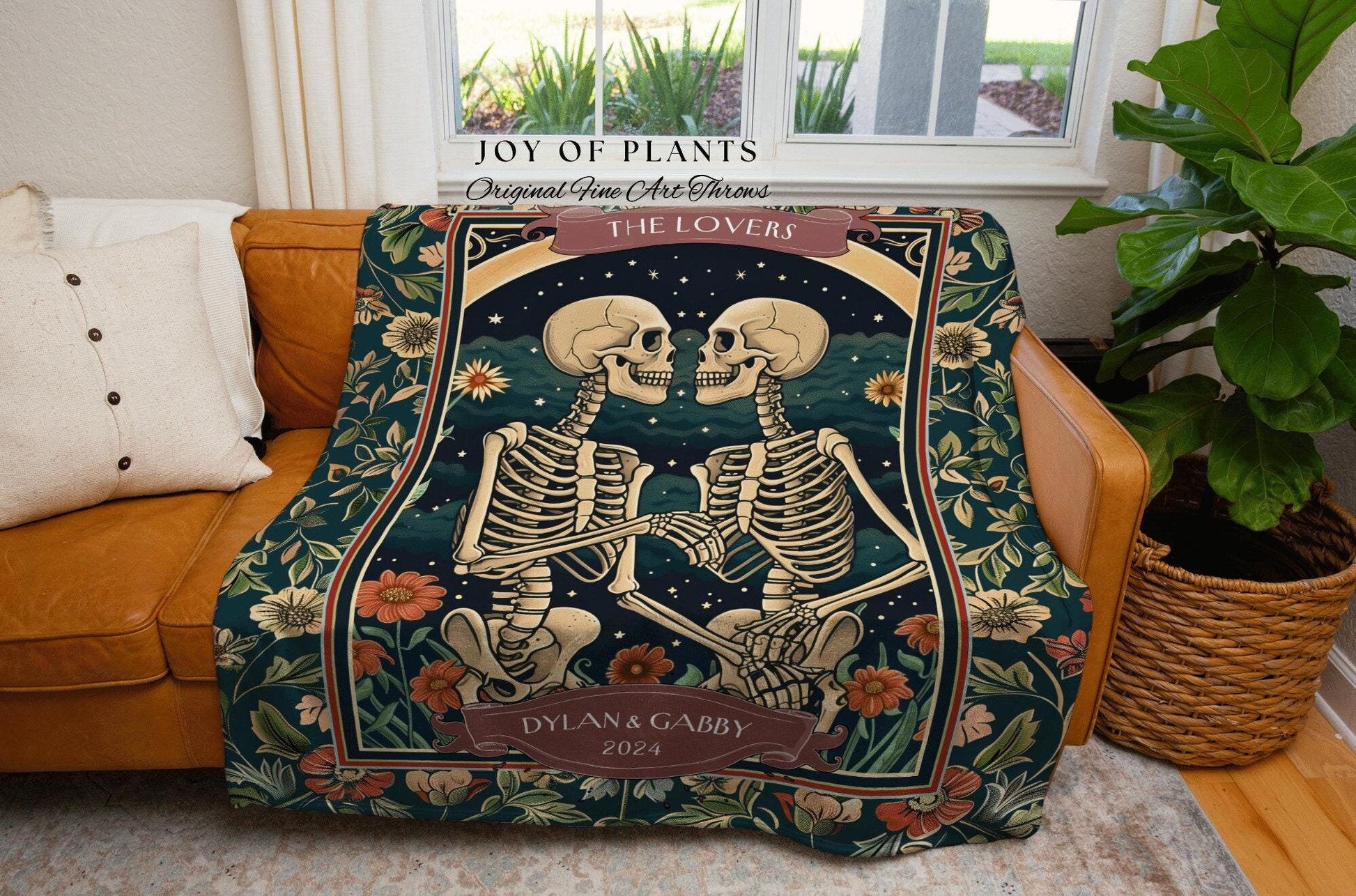 The Lovers Custom Skeleton Couple Tapestry | Dating Anniversary Wedding Blanket Skeleton Lover Tarot Gift for Boyfriend Personalized Couple