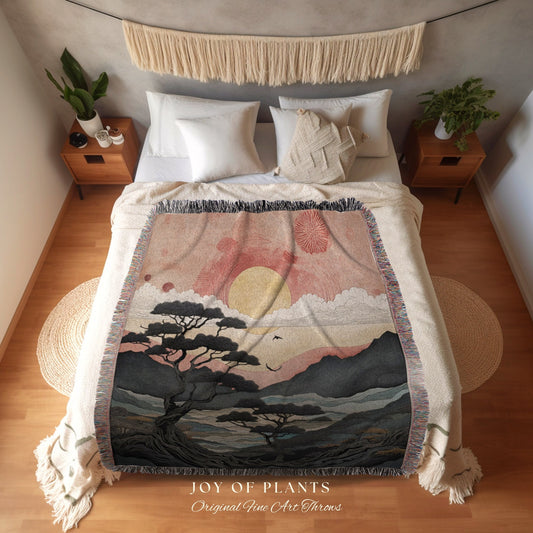 Japanese Aesthetic Landscape Tapestry Woven Throw | Japanese Wall Art Tree Tapestry Sunset Mountain Blanket Woven Nature Inspired Deco