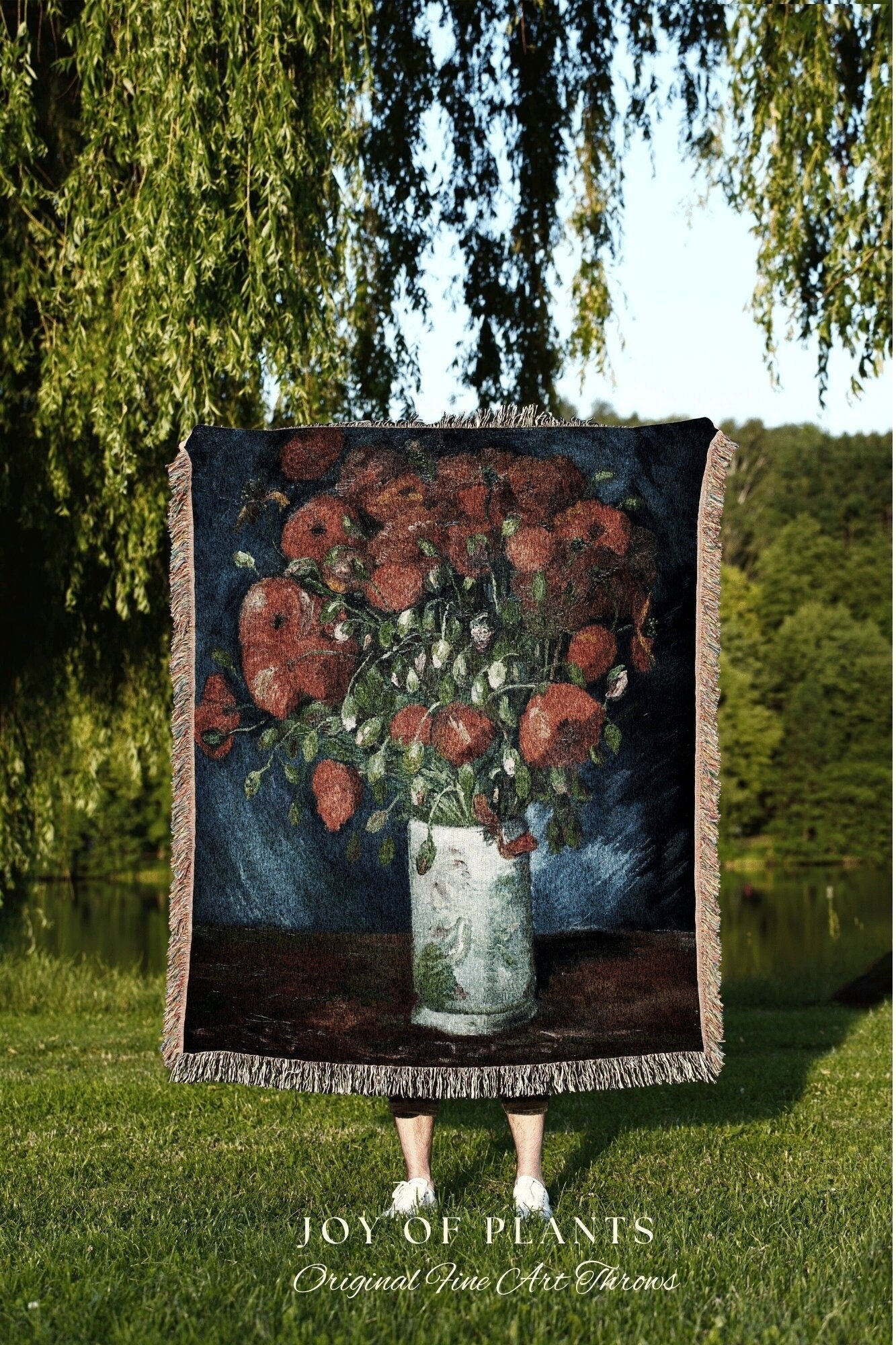 Vase With Poppies Woven Tapestry | Poppy Flower Woven Blanket | Custom Painting Blanket | Dark Academia Decor | Fine Art Woven Blanket Gift