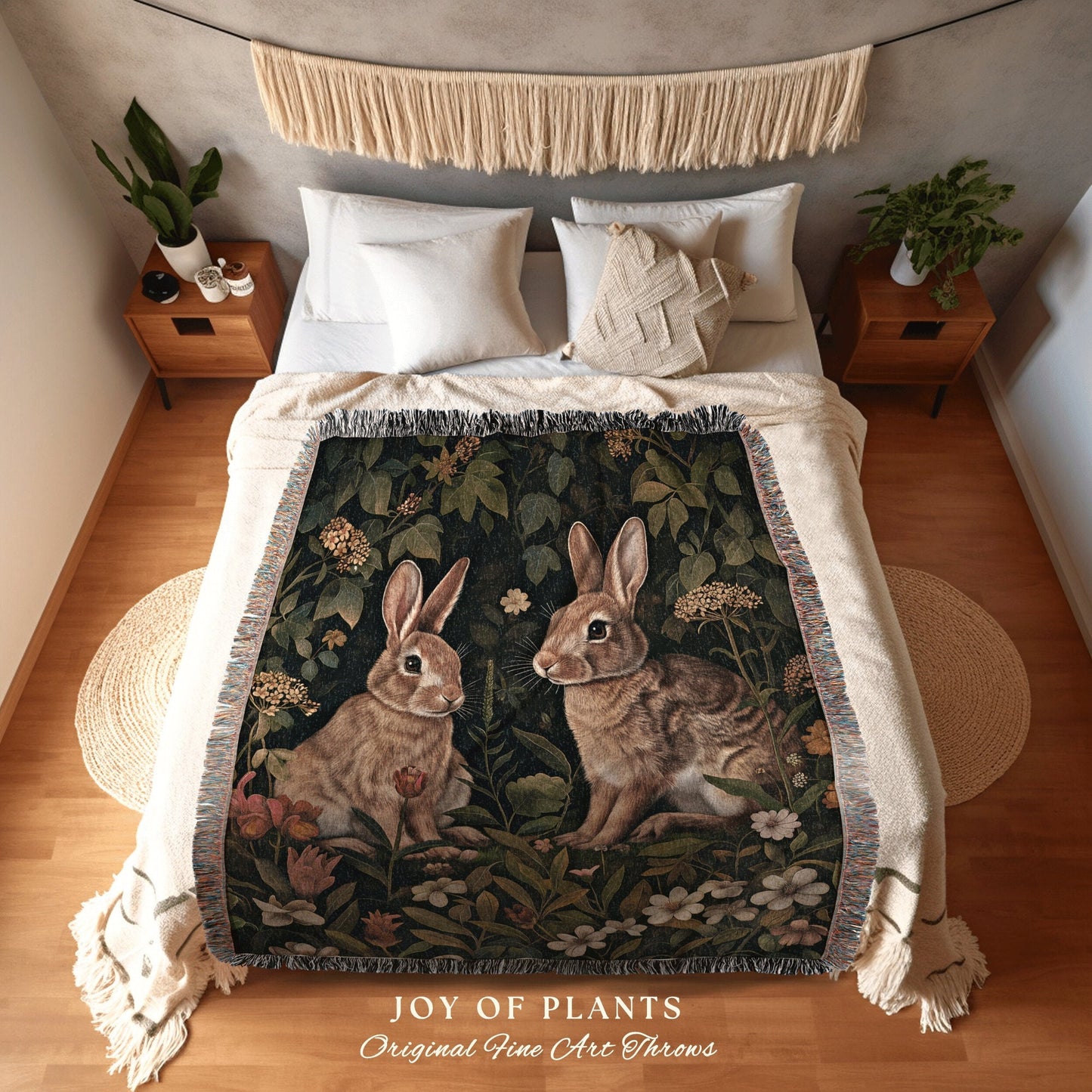 Maximalist Woodland Blanket Woven | Rabbit Tapestry Boho Room Decor Bunny Aesthetic Dark Academia Throw Spring Decoration Bunnies