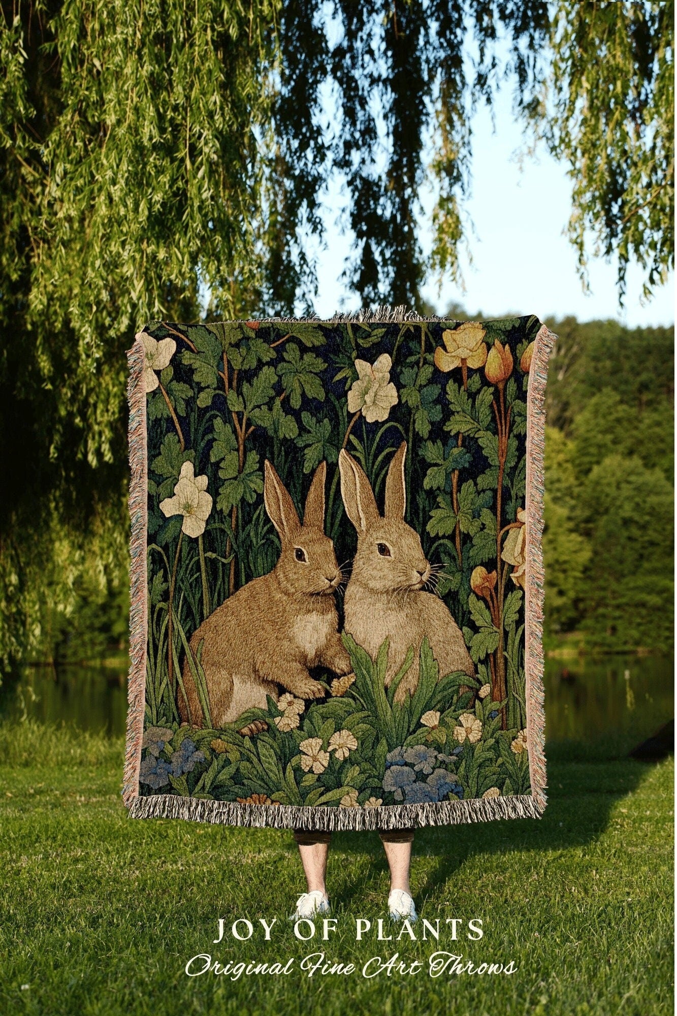 Woodland Rabbit Woven Throw | William Morris Inspired Throw Blanket Vintage Cottagecore Woodland Aesthetic Decor Woven Throw Rabbit Tapestry