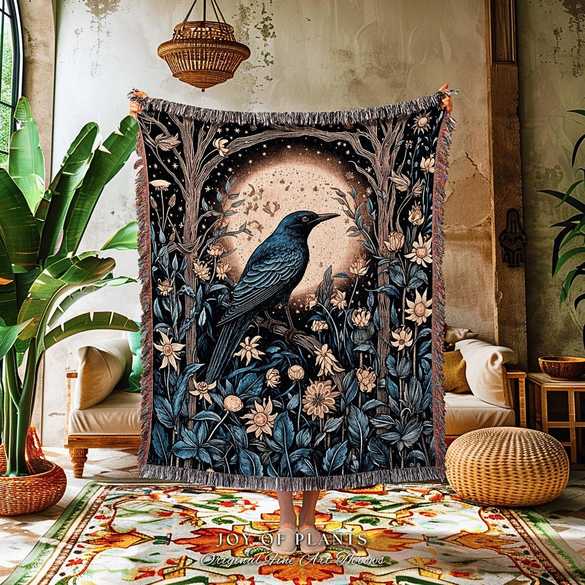 Moonlit Dark Forest Raven Floral Throw Blanket Grunge Fairycore Crowcore Decor Moody Maximalism Crow Moon Cozy Gothic Celestial Cottagecore