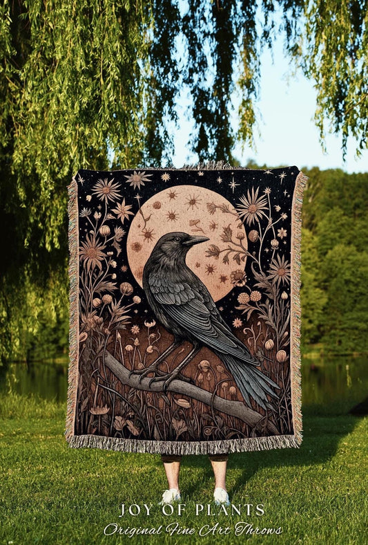 Rustic Raven Woven Throw Vintage Moon Celestial Dark Cottagecore Art | Dark Floral Forestcore Tapestry Blanket Grunge Fairycore Crow Decor