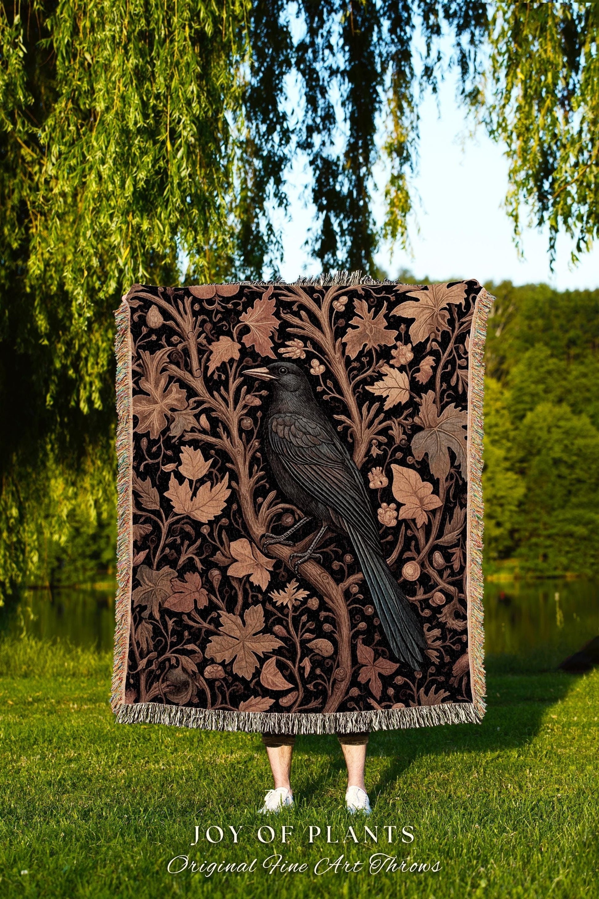 Rustic Autumn Farmhouse Vintage Aesthetic Dark Botanical Crow Tapestry Blanket | Witch Cottagecore Raven Throw Gothic Woodland Fall Foliage