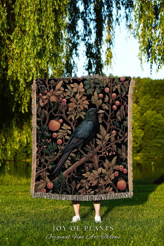 Woodland Fall Forest Raven Tapestry Blanket Crowcore | Gothic Botanical Woven Throw Vintage Cottagecore Aesthetic Rustic Forestcore Decor