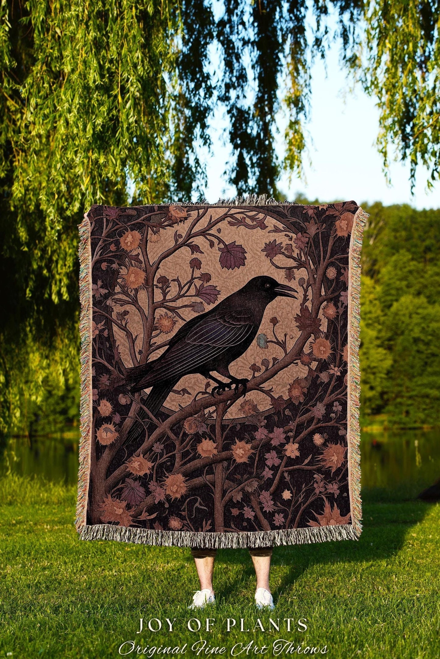 Gothic Raven Throw Mystical Fall Forest Decor | Whimsigoth Crowcore Aesthetic Enchanted Cottagecore Tapestry Blanket Vintage Folklore Art