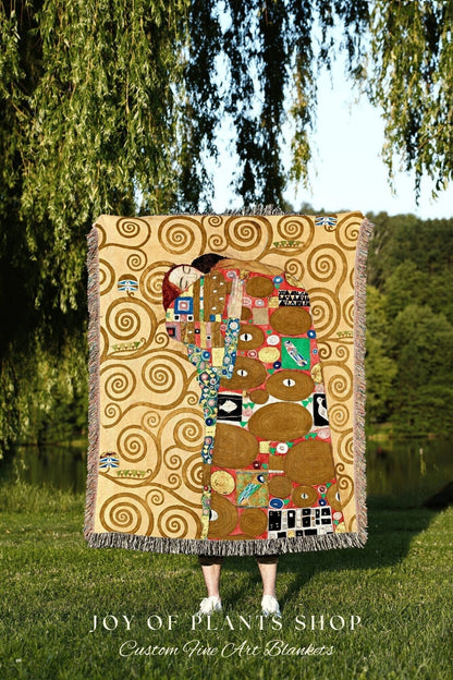 Gustav Klimt Lovers Painting Woven Blanket Fine Art | Gustav Klimt Wall Art Tapestry Blanket Woven | Maximalist Home Decor Eclectic Tapestry