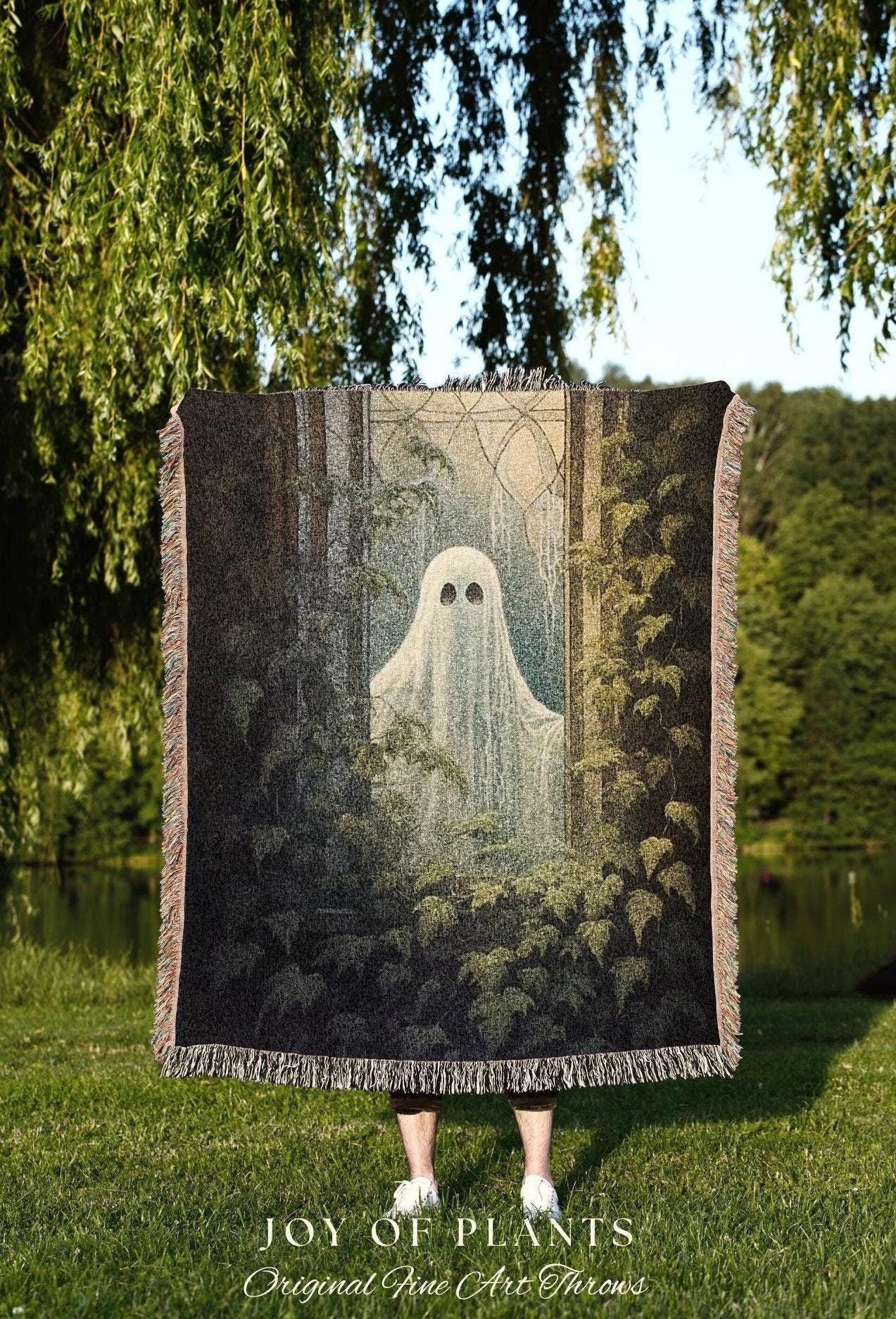 Ghost Art Tapestry Woven Throw Blanket | Macabre Home Decor Blanket Dark Academia Decor Bedroom Whimsigoth Tapestry Woven Art Blanket Woven