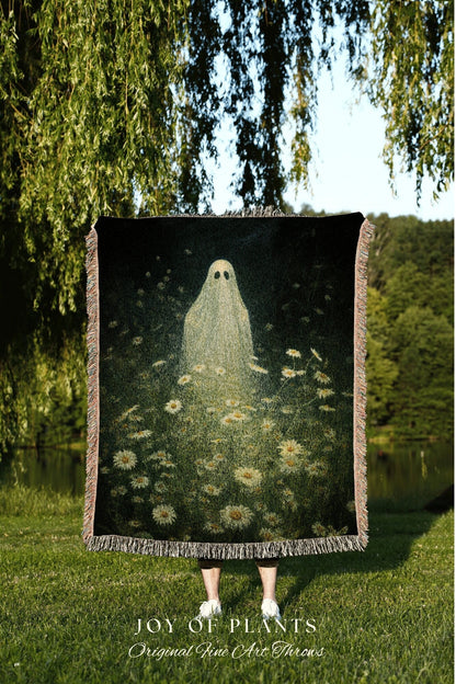 Macabre Art Floral Ghost Blanket Woven Throw | Macabre Wall Art Plant Lover Decor Spooky Ghost Tapestry Gift for Goth Dark Cottagecore Decor