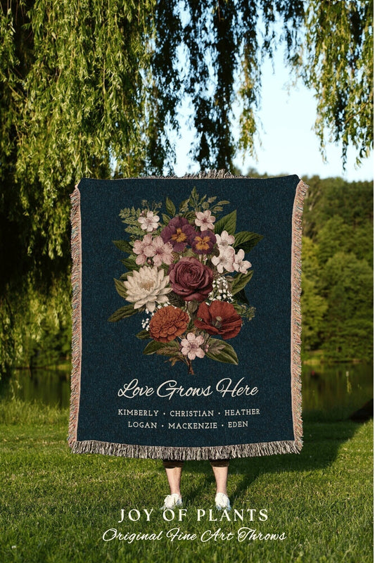 Personalized Birth Month Bouquet | Family Flowers Combined Birth Month Bouquet Mimi's Garden Birth Month Flower Gift for Mom Throw Blanket |