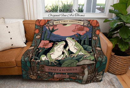 Retro Frog Couple Blanket | Anniversary Gift Custom Name Blanket Frog Couple Tapestry Woodland | Cottagecore Wedding Gift Personalized Art |