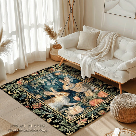 Cottagecore Bunnies Floral Rug | Botanical Bedroom Decor William Morris Inspired Cottagecore Room Light Academia Style Rug Mystical Home