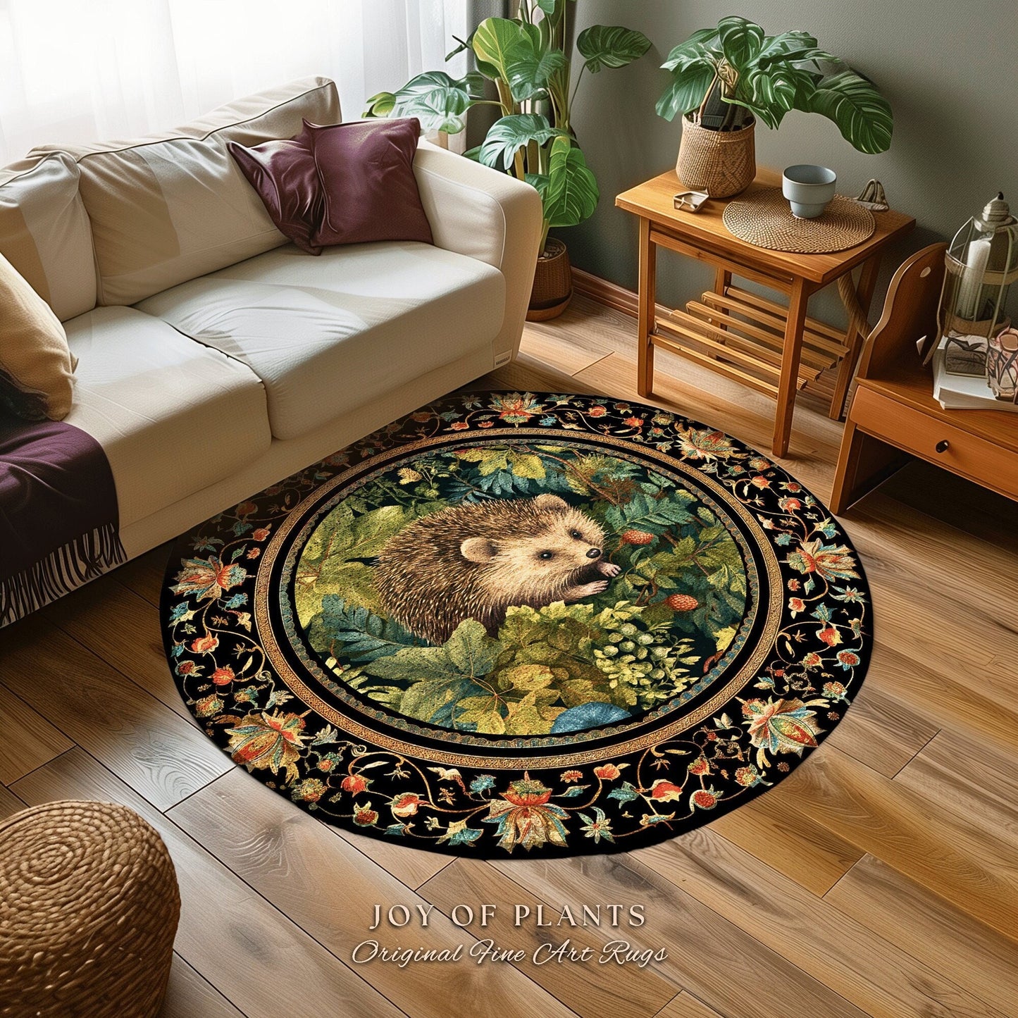 Hedgehog Botanical Rug | Woodland Bedroom Decor William Morris Inspired Cottagecore Room Light Academia Style Rug Mystical Aesthetic