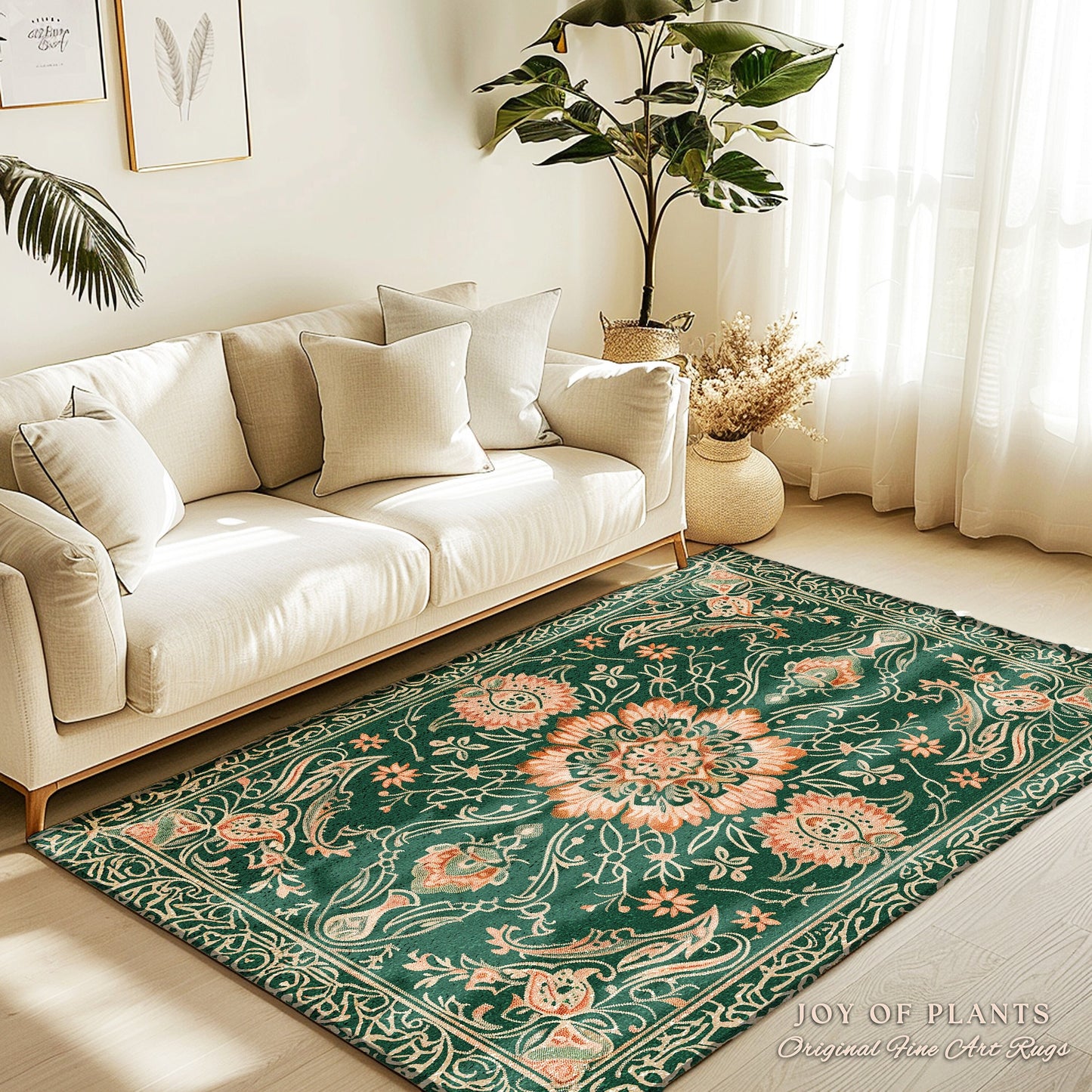 Statement Rug for Living Room | Emerald Green Aesthetic Maximalist Room Decor Classic Ornate Victorian Rug Nordic Accent for Elegant Bedroom