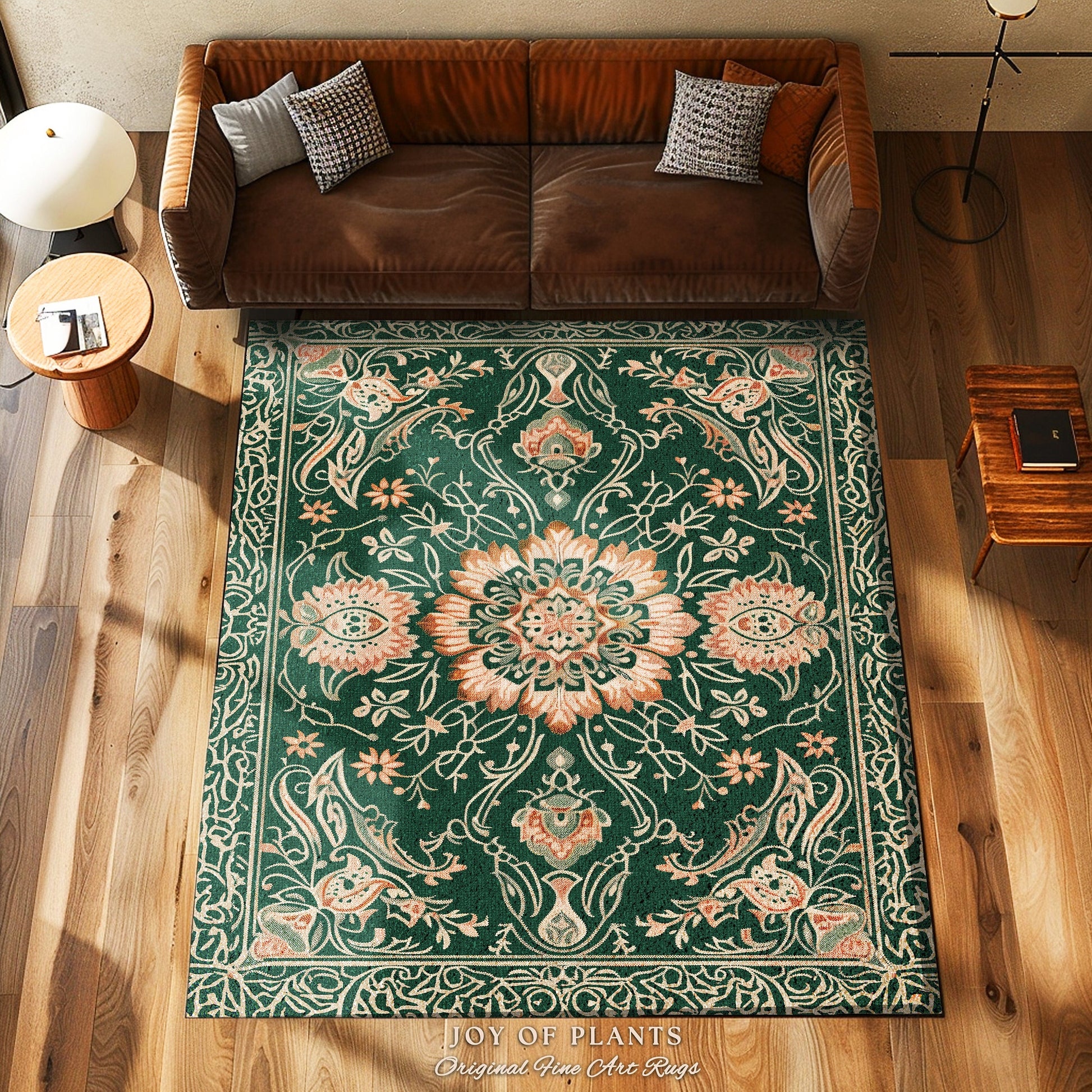 Statement Rug for Living Room | Emerald Green Aesthetic Maximalist Room Decor Classic Ornate Victorian Rug Nordic Accent for Elegant Bedroom