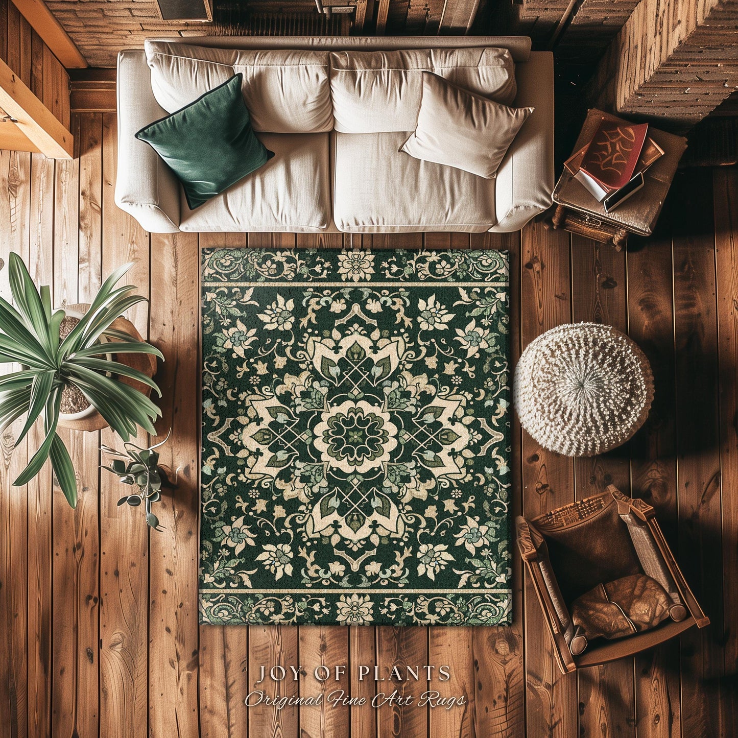 Emerald Pine Floor Rug | Forest Green Room Decor Classic Aesthetic Ornate Victorian Floor Rug Scandinavian Bedroom Accent Rug Nordic Pastel