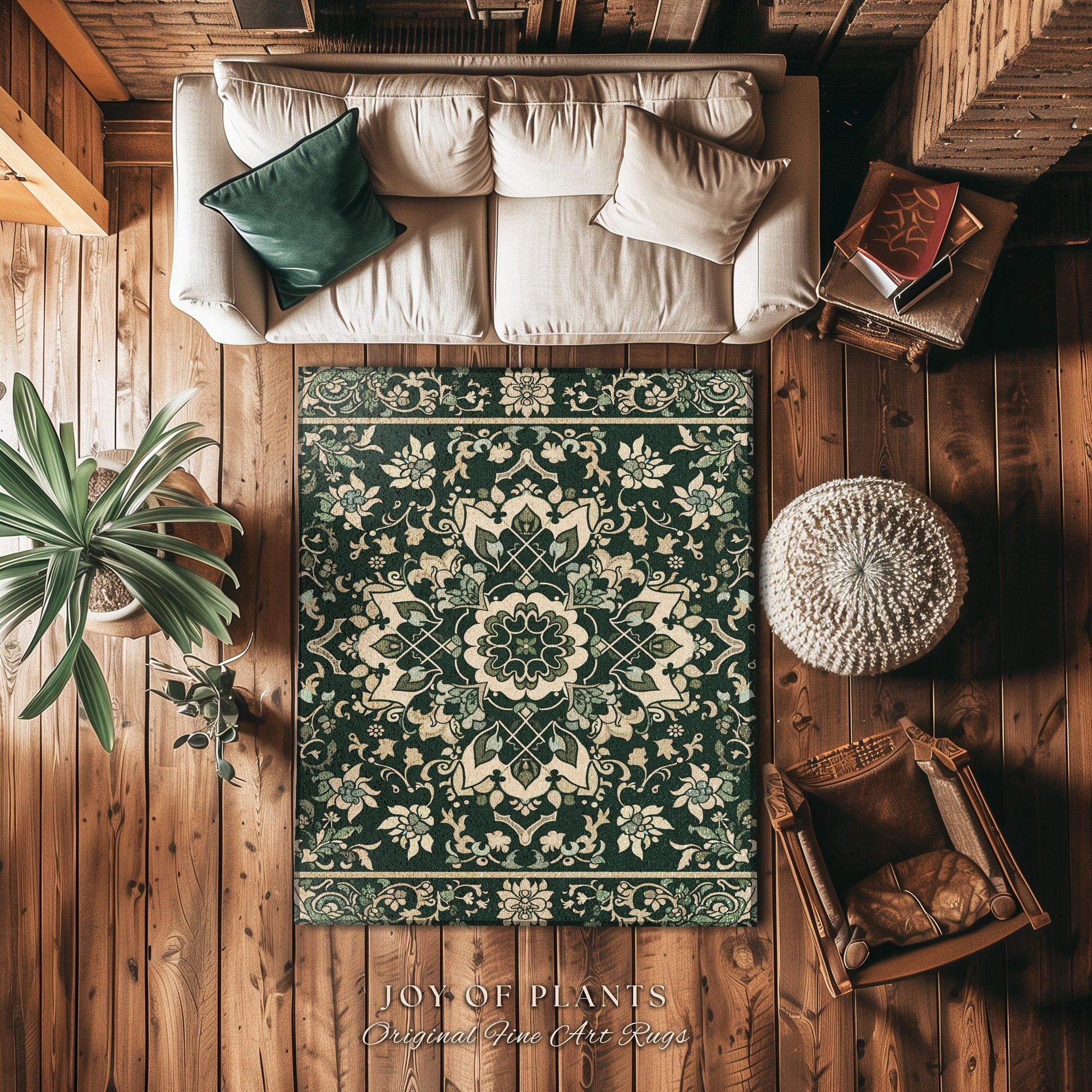 Emerald Pine Floor Rug | Forest Green Room Decor Classic Aesthetic Ornate Victorian Floor Rug Scandinavian Bedroom Accent Rug Nordic Pastel