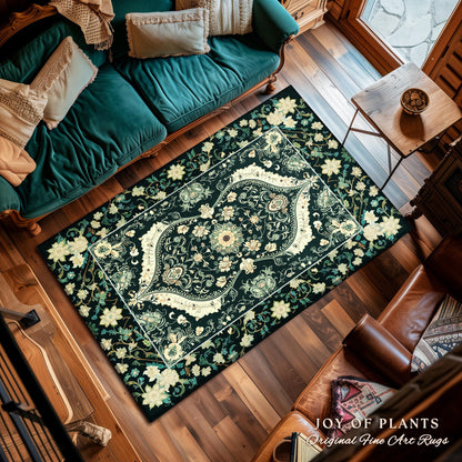 Elegant Emerald Green Art Nouveau Living Room Rug | Boho Room Decor Dark Cottagecore Whimsical Botanical Victorian Gothic Woodland Aesthetic