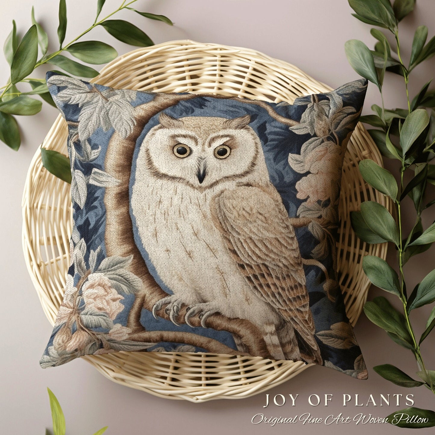 Owl Throw Pillow Woven Pastel | William Morris Inspired Throw Pillow Woodland Forestcore Decor Pillow Maximalist Home Decor Pastel Pillow |