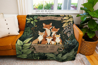 I Love You More Custom Fox Family Blanket Woodland Tapestry Throw, Personalized with Names Nature Lover Sentimental Gift for Parents & Kids