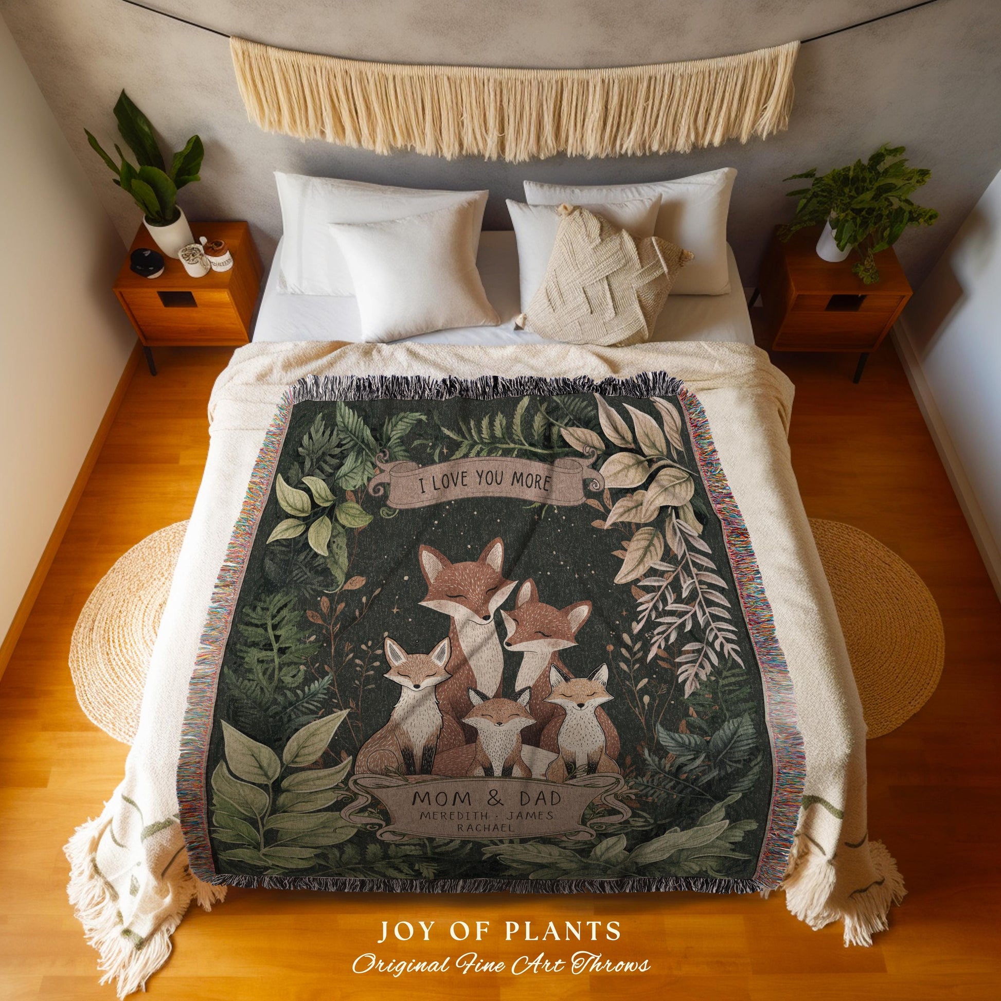 I Love You More Custom Fox Family Blanket Woodland Tapestry Throw, Personalized with Names Nature Lover Sentimental Gift for Parents & Kids