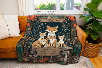 Eternally Yours Custom Fox Family Blanket with Names Cozy Woodland Decor, Personalized Cottagecore Throw Sentimental Gift for Parent & Child