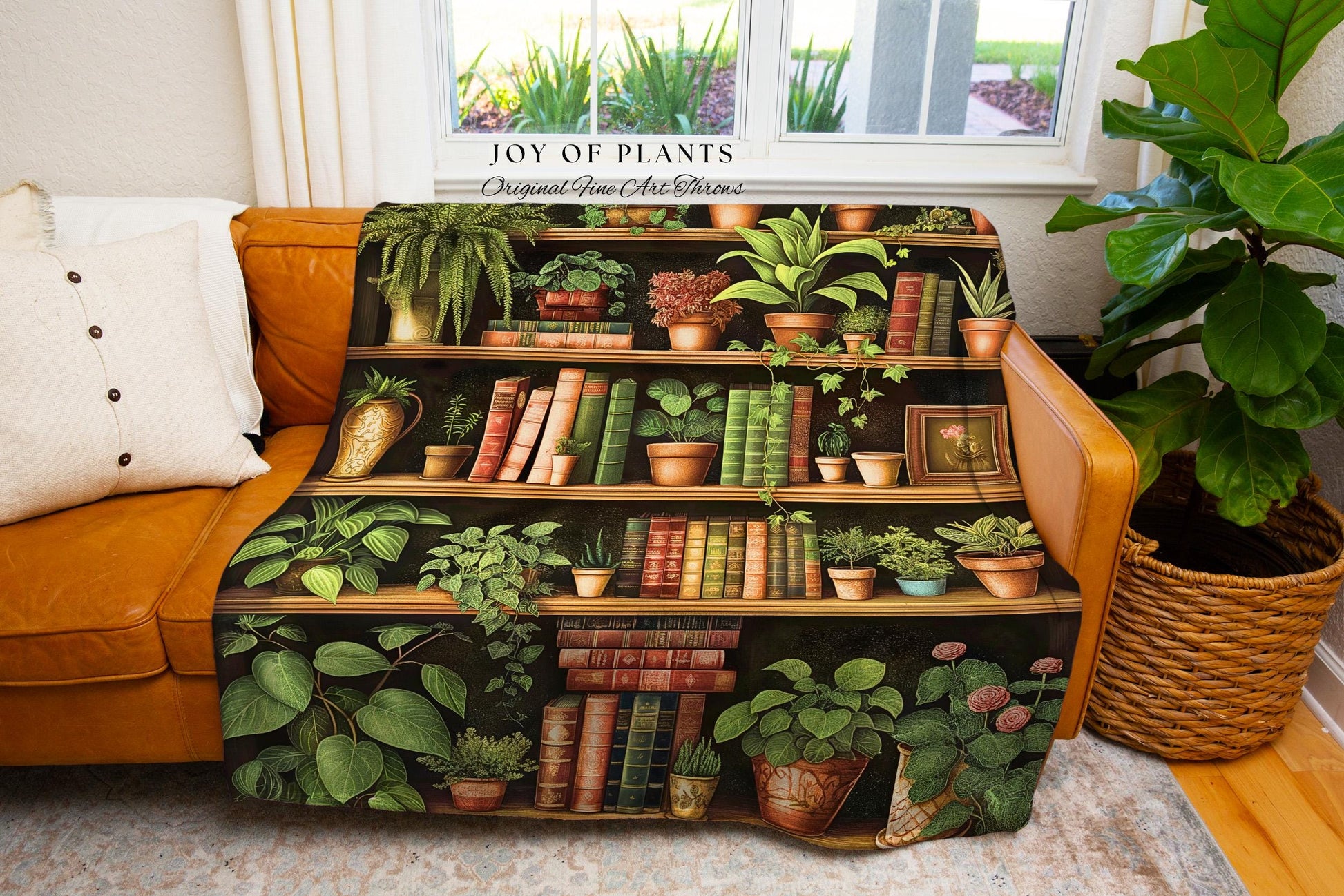 Botanical Bookshelf Blanket Boho Cottagecore Book Nook Decor, Cozy Plant Lover Reading Corner Art Vintage Library Aesthetic Tapestry Throw