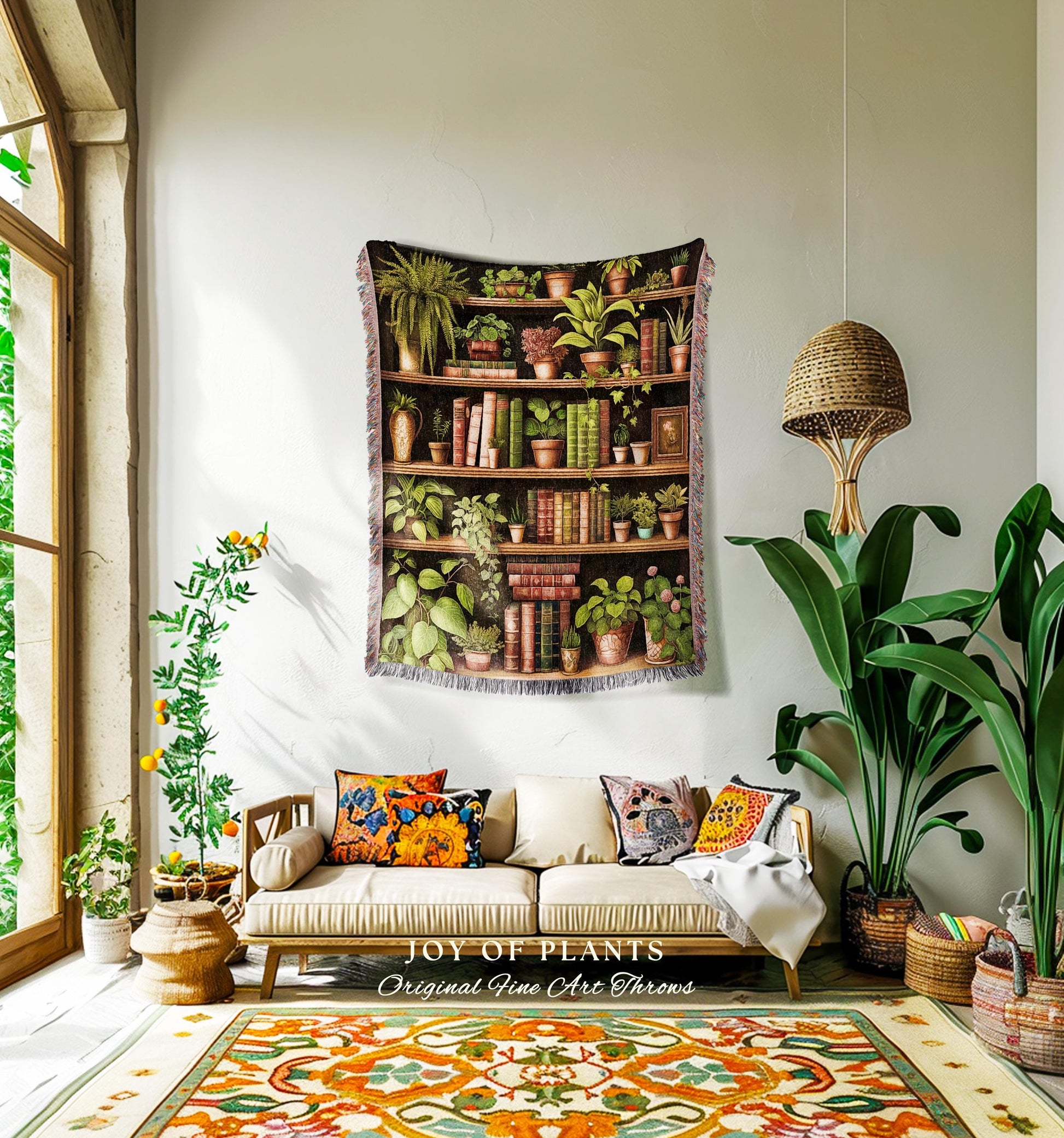 Botanical Bookshelf Blanket Boho Cottagecore Book Nook Decor, Cozy Plant Lover Reading Corner Art Vintage Library Aesthetic Tapestry Throw