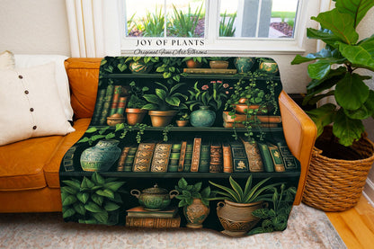 Whimsical Botanical Bookcase Blanket Bohemian Cottagecore Decor, Cozy Plant Lovers Library Themed Bookish Art Dark Academia Tapestry Throw