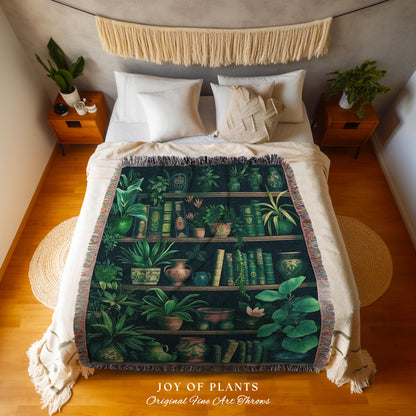 Lush Botanical Bookshelf Blanket Dark Academia Book Nook Decor, Literary Library Style Cozy Vintage Cottagecore Plant Lovers Tapestry Throw