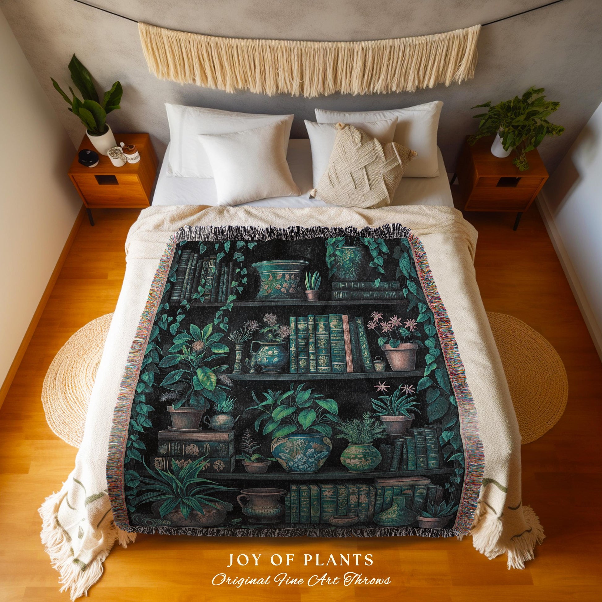 Moody Botanical Bookshelf Blanket | Witchy Reading Blanket Dark Cottagecore Woven Tapestry Wall Hanging Haunted Library Aesthetic Gothic