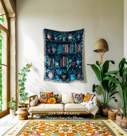 Moody Whimsigothic Bookshelf Tapestry Blanket | Rustic Medieval Woven Wall Hanging Dark Botanical Home Decor Victorian Goth Woodland Style |