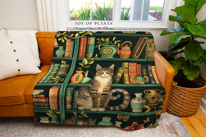 Retro Bookshelf Cat Blanket Botanical Academia Cottagecore Decor, Cozy Feline Library Theme Tapestry Throw Whimsical Literary Aesthetic Gift