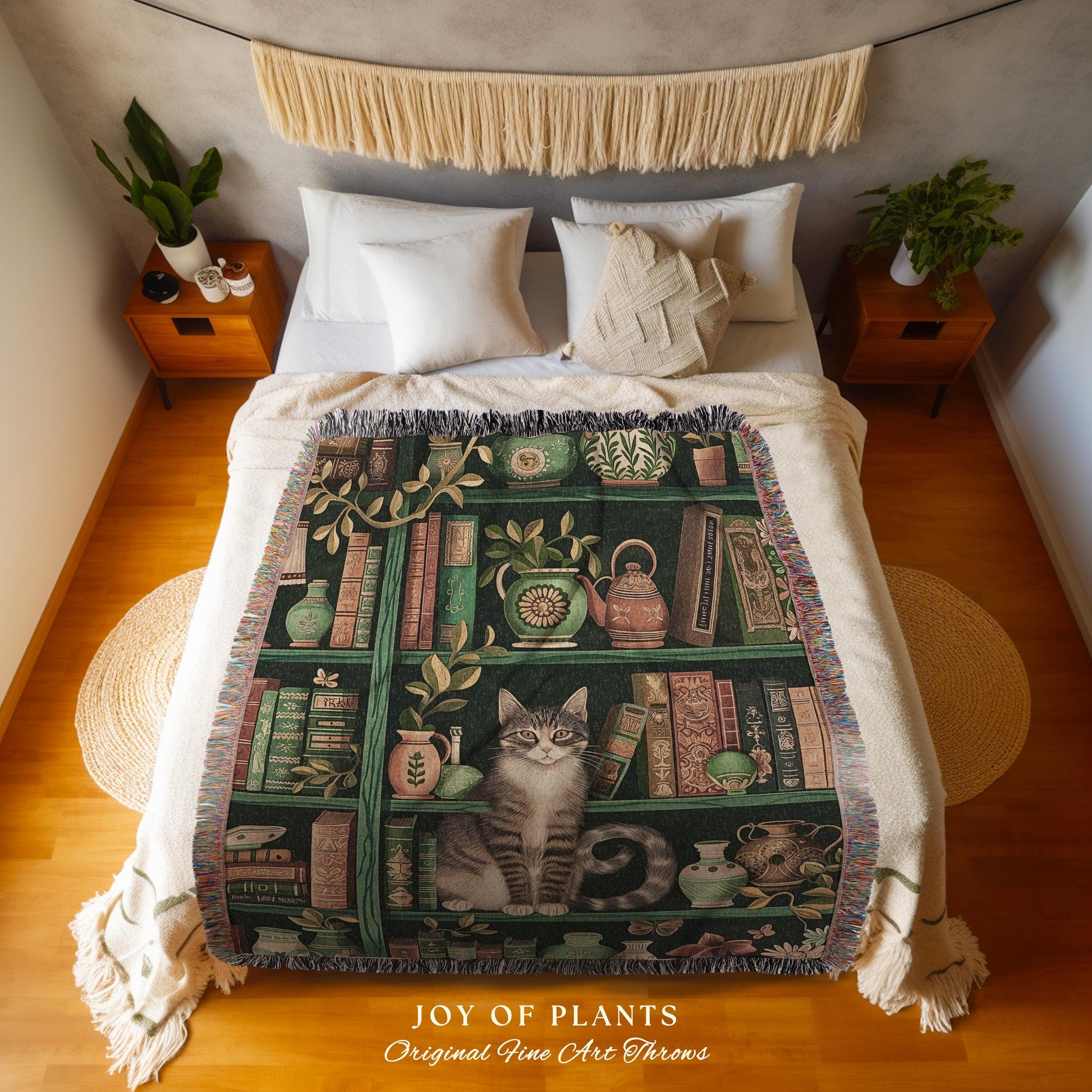 Retro Bookshelf Cat Blanket Botanical Academia Cottagecore Decor, Cozy Feline Library Theme Tapestry Throw Whimsical Literary Aesthetic Gift