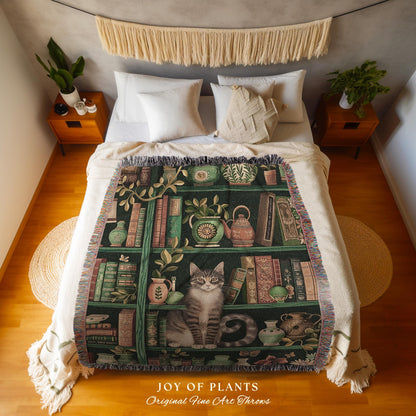 Retro Bookshelf Cat Blanket Botanical Academia Cottagecore Decor, Cozy Feline Library Theme Tapestry Throw Whimsical Literary Aesthetic Gift