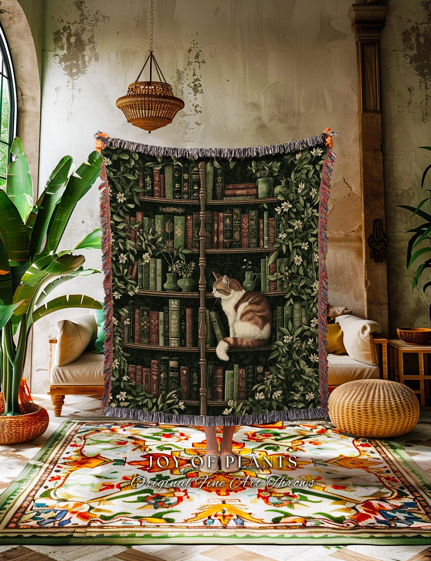 Whimsical Cat Bookshelf Blanket Dark Academia Botanical Cottagecore Style Decor, Cozy Vintage Library Aesthetic Bookish Charm Tapestry Throw