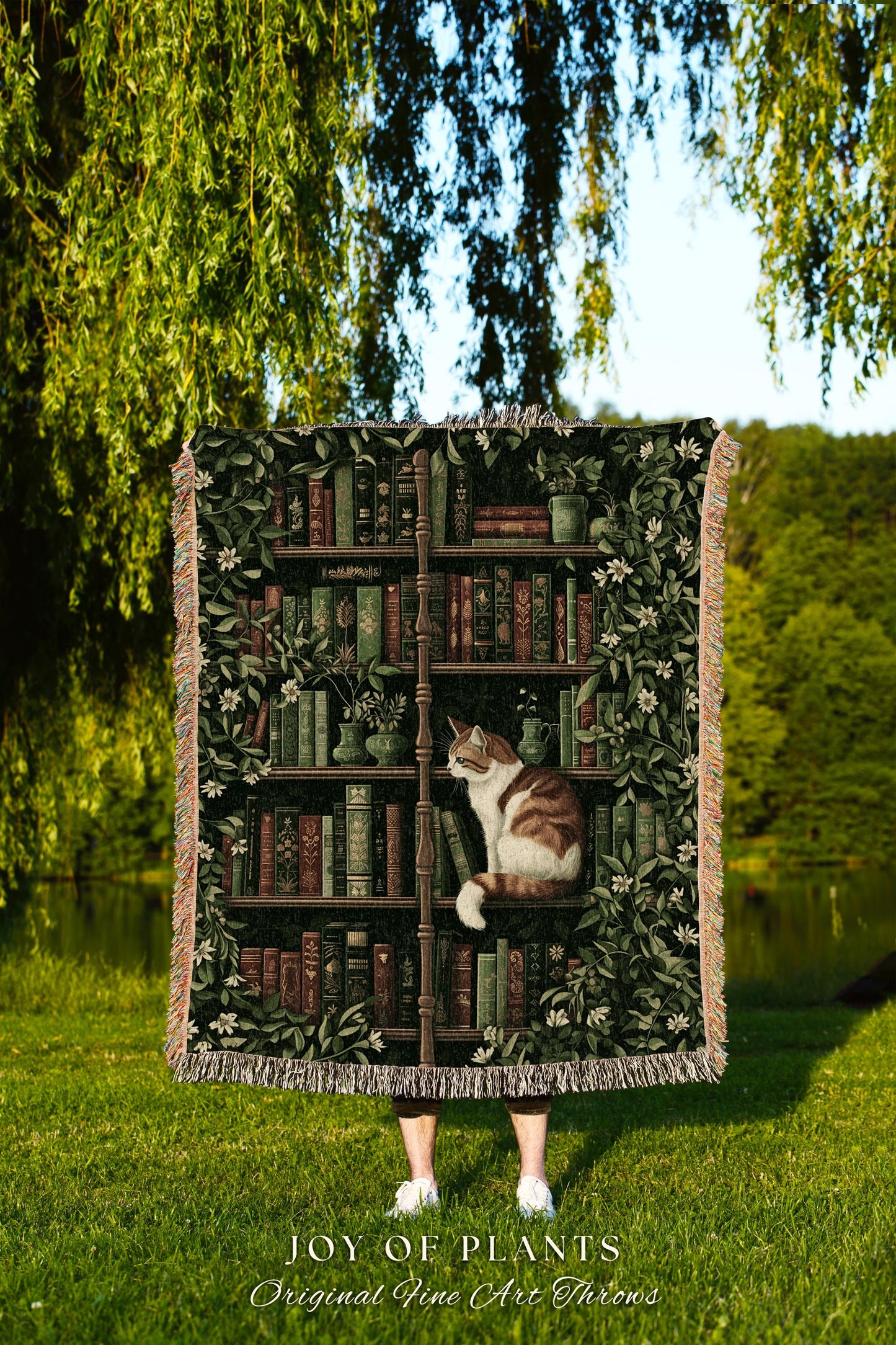 Whimsical Cat Bookshelf Blanket Dark Academia Botanical Cottagecore Style Decor, Cozy Vintage Library Aesthetic Bookish Charm Tapestry Throw