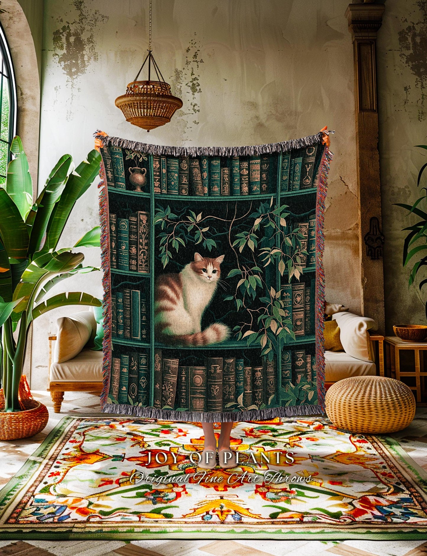 Forest Green Botanical Library Cat Lovers Blanket Cozy Cottagecore Bookshelf Tapestry Throw, Vintage Reading Nook Academia Plant Lover Decor