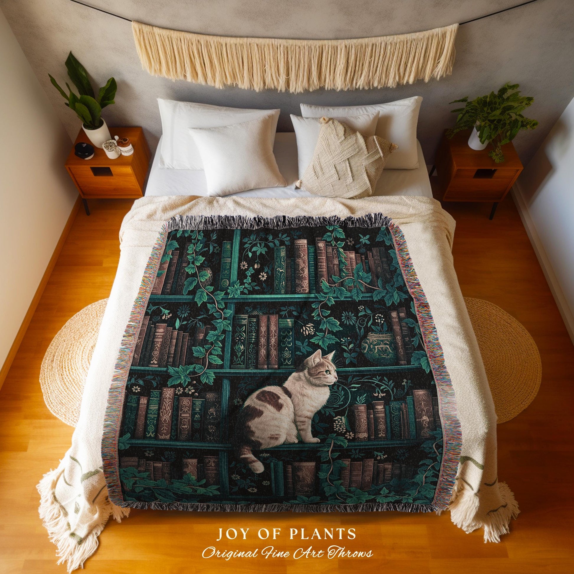 Witchy Cat Bookshelf Tapestry Gothic | Whimsigothic Bedroom Decor Reading Blanket Dark Cottagecore Woven Wall Hanging Vintage Botanical Cozy