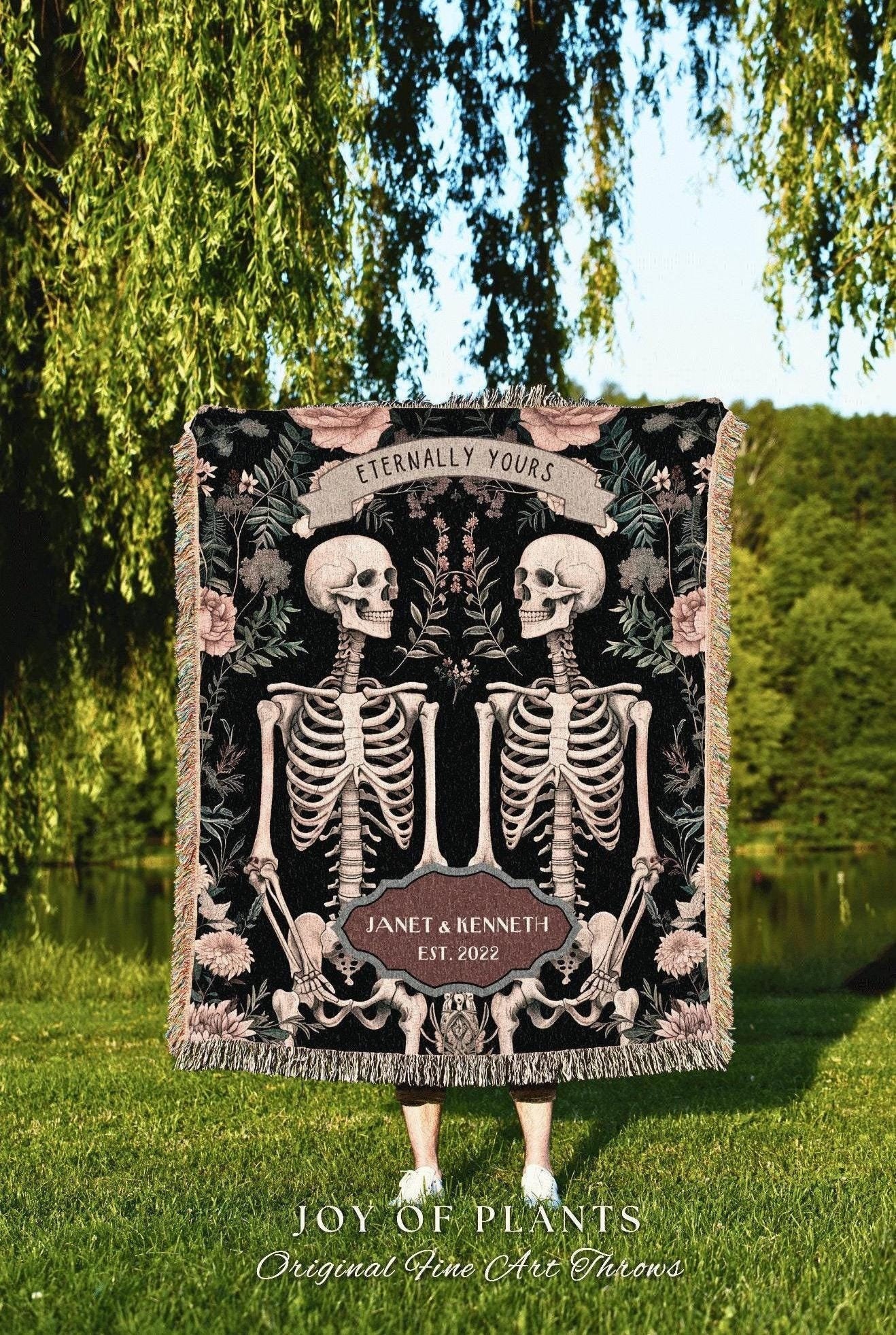 Eternally Yours Skeleton Lover Picnic Blanket | Thoughtful Anniversary Wedding Tapestry Botanical Couple Gift Personalized His & Hers Custom