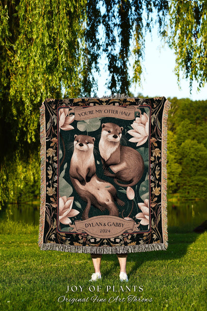 Woodland Otter Couple Custom Blanket | Cottagecore Dating Anniversary Custom Established Date Blanket 'You're my Otter Half' Gift for Wife