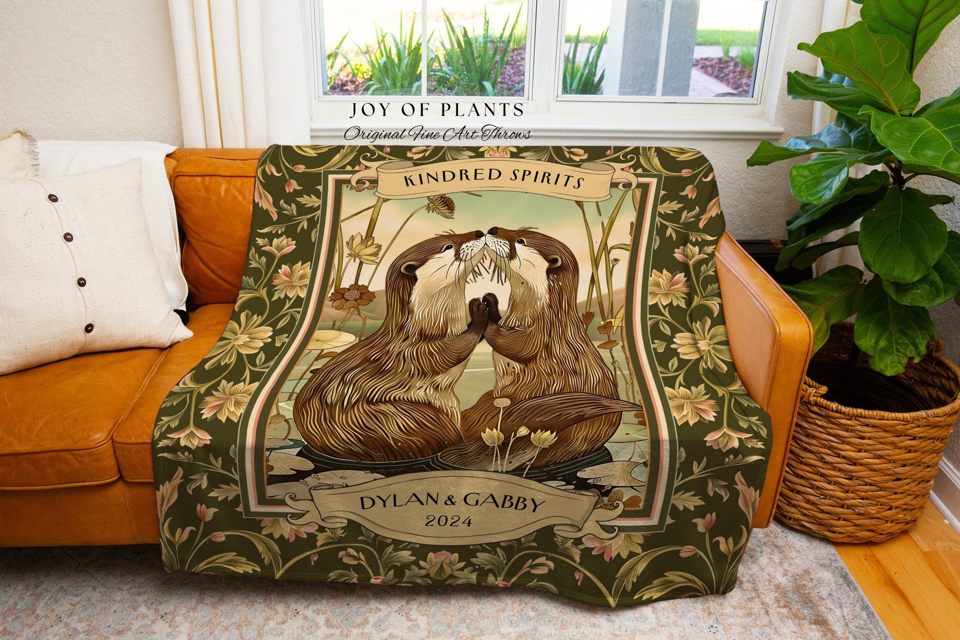 Otter Lovers Blanket Personalized Anniversary Gift Custom Name Tapestry Throw, Rustic Woodland Cottagecore Art Woven Wedding Gift For Couple