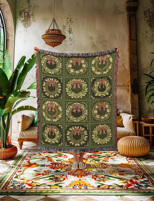 Festive Green Holiday Squares Woven Blanket Rustic Farmhouse Christmas Tapestry Throw | Vintage Cozy Sofa Decor Boho Country Cottage X-Mas