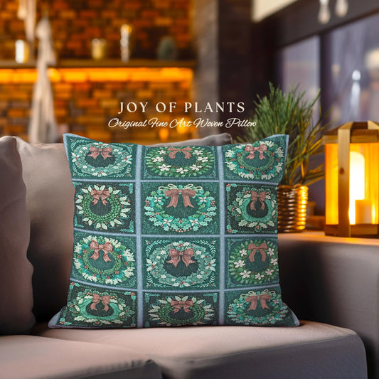 Boho Teal Wreath Pillow Whimsical Checkered Tapestry Cushion Retro Holiday Decor | Eclectic Christmas Vintage Bohemian Art Cozy Festive Gift