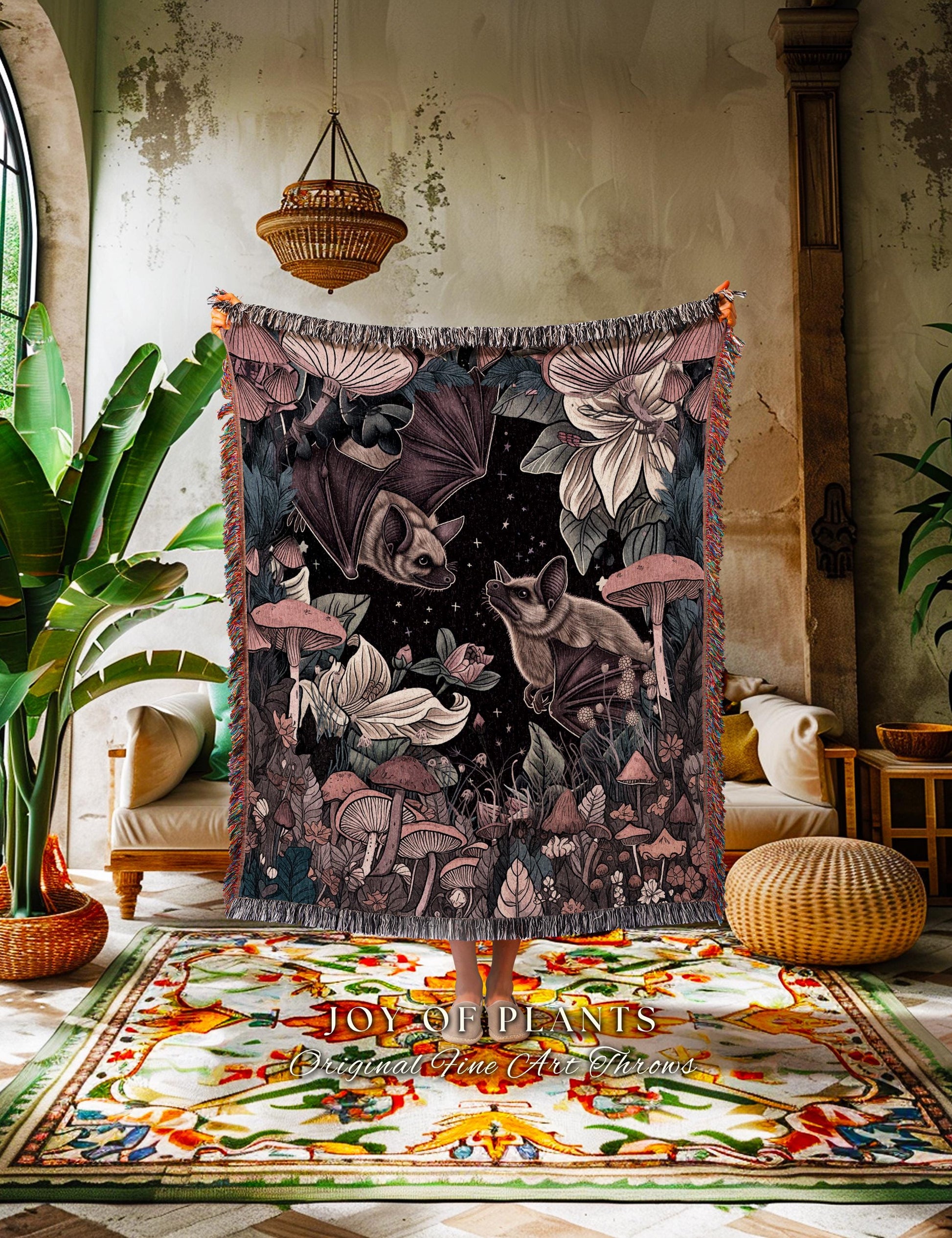 Mushroom Bat Celestial Throw Blanket | Mystic Woodland Cottagegoth Aesthetic Boho Bat Moon and Stars Ethereal Wall Tapestry Woven Throw |